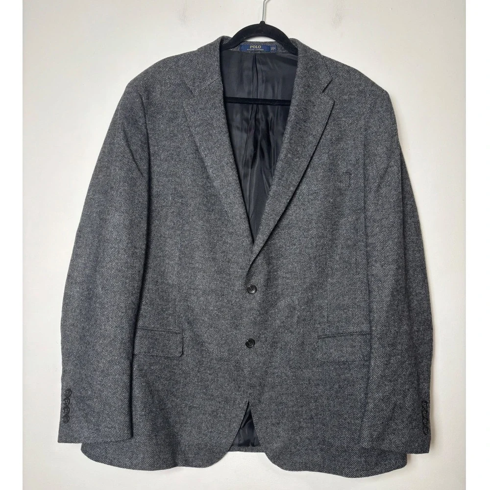 Polo Ralph Lauren Mens Tweed Herringbone Blazer 48L Grey Wool Blend Sport Coat